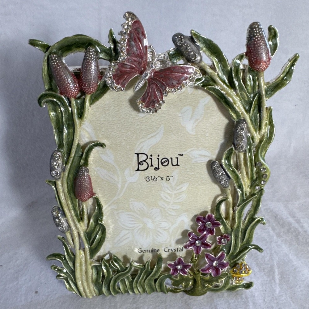 Bijou Jeweled Enameled Butterfly/Lily Picture Frame (insert: 3.5x5") 3D Stand - Picture 4 of 6